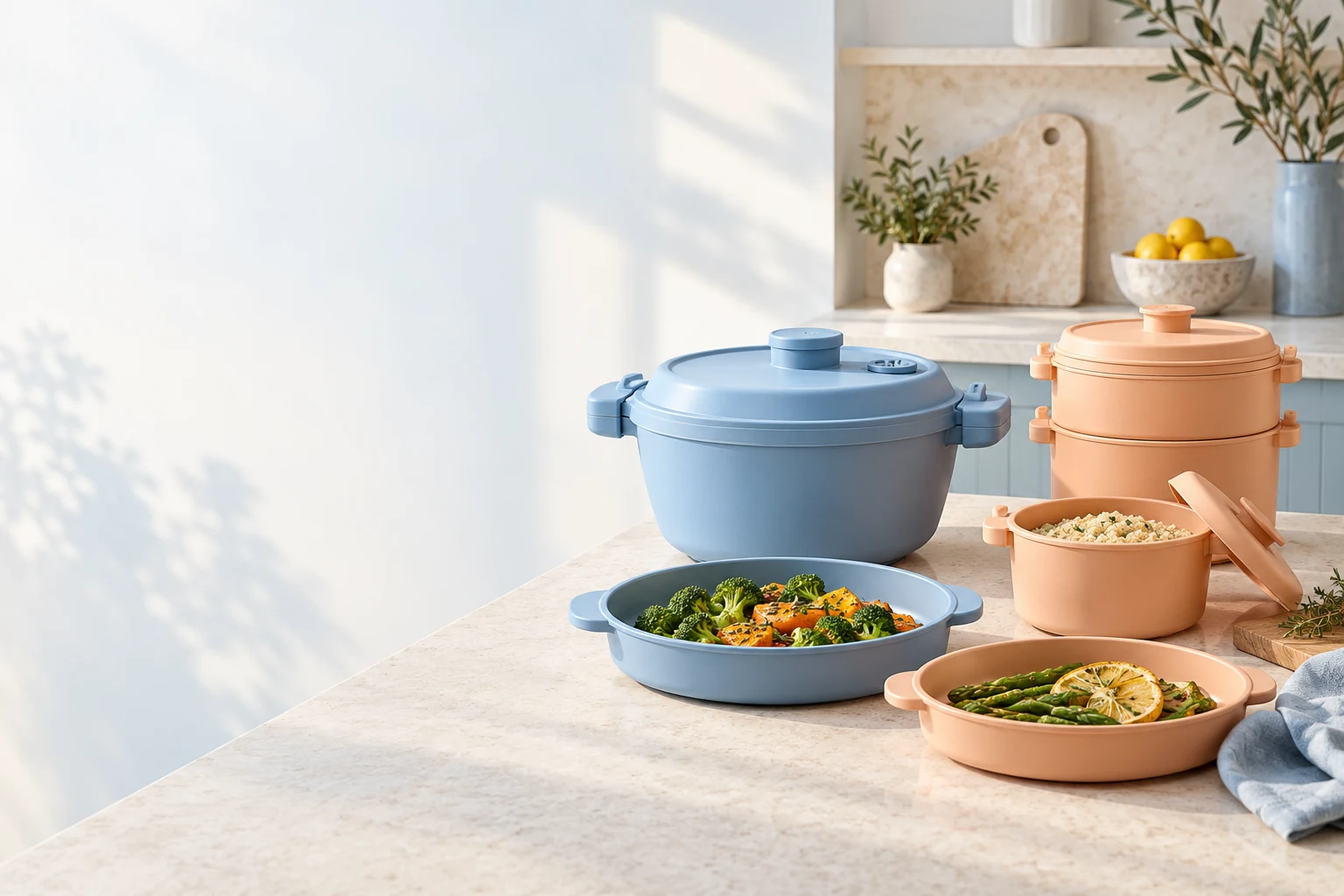 Powder-blue and apricot specialty microwave cookware arranged on a sunlit kitchen counter